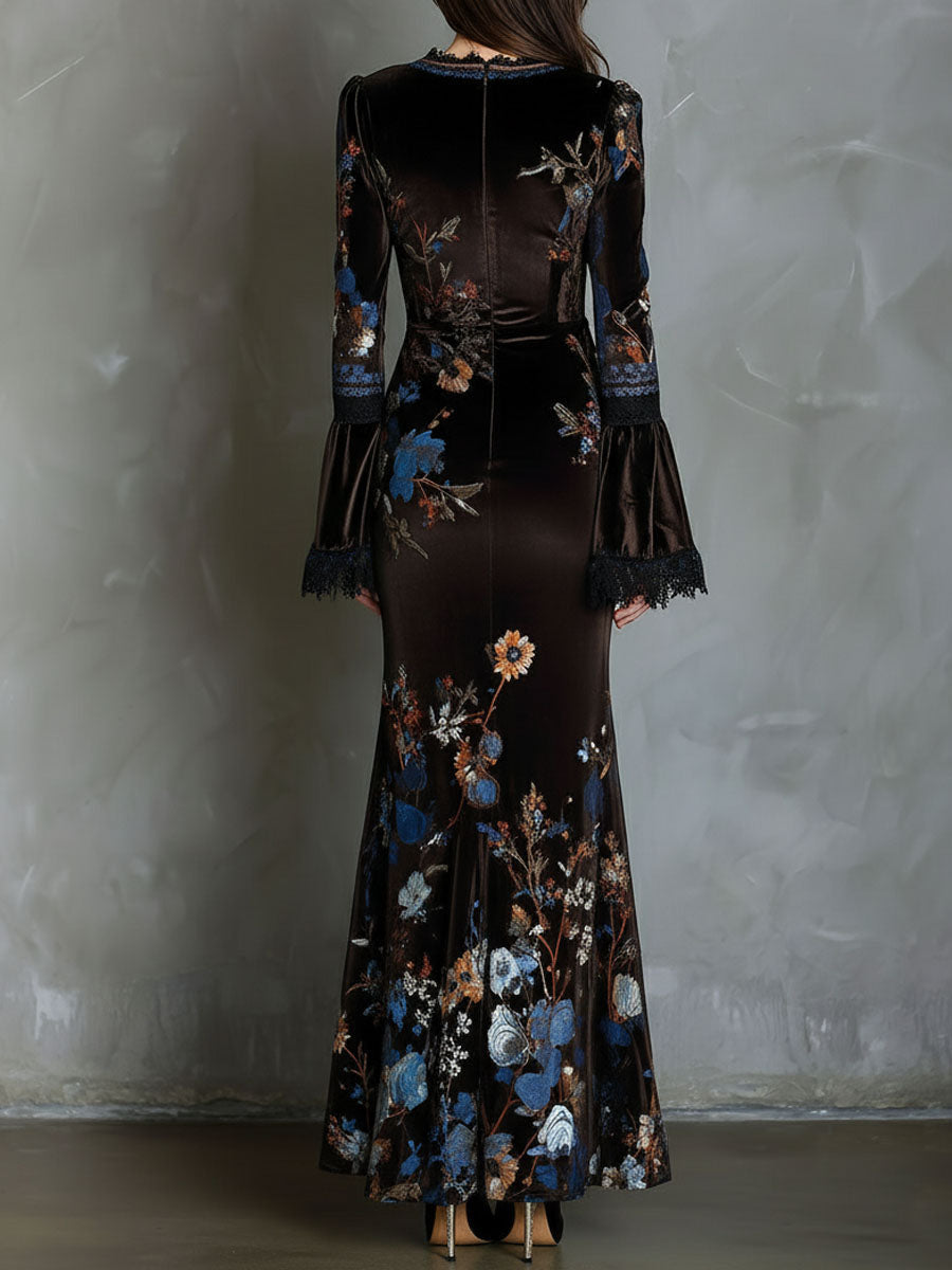 Midnight Velvet Elegance Dress with Floral and Lace Accents