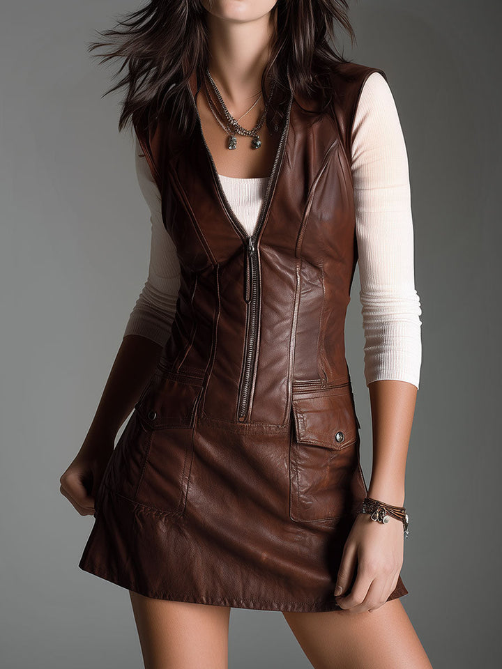 Chocolate Eco Leather Mini Dress with Zip and Functional Pockets