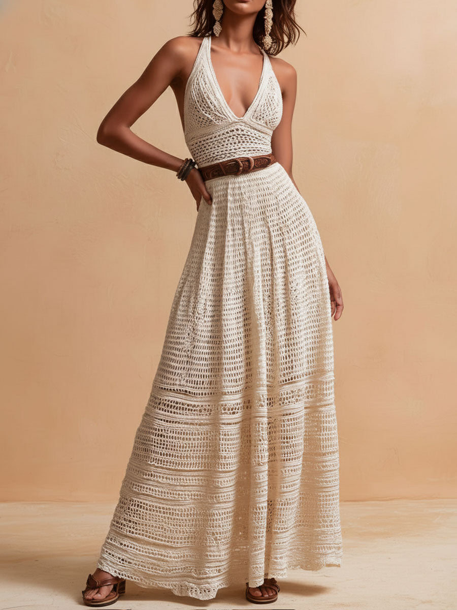 Elephant-Colored Handmade Maxi Dress with Crochet Detail and Waist Belt