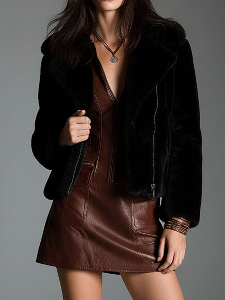 Chocolate Eco Leather Mini Dress with Zip and Functional Pockets