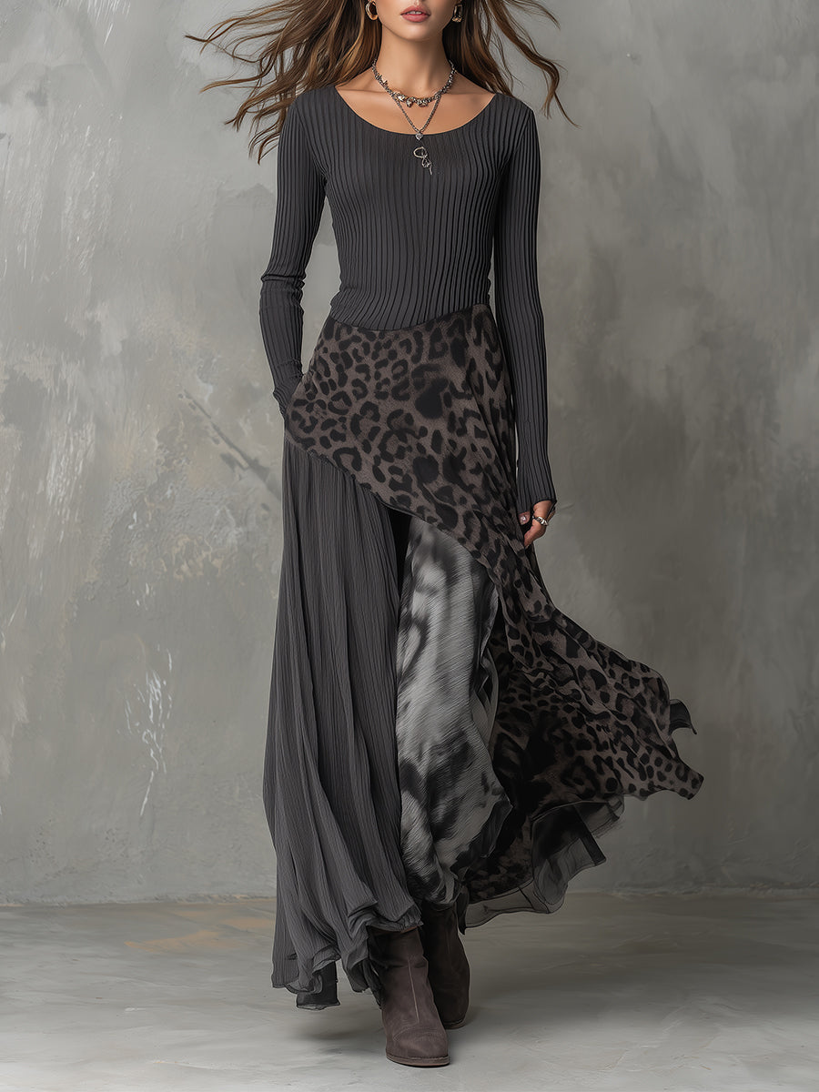 Leopard Print Long Dress with Asymmetrical Hemline