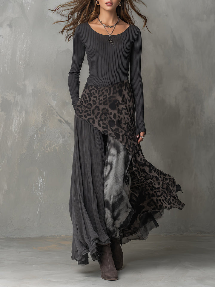 Leopard Print Long Dress with Asymmetrical Hemline