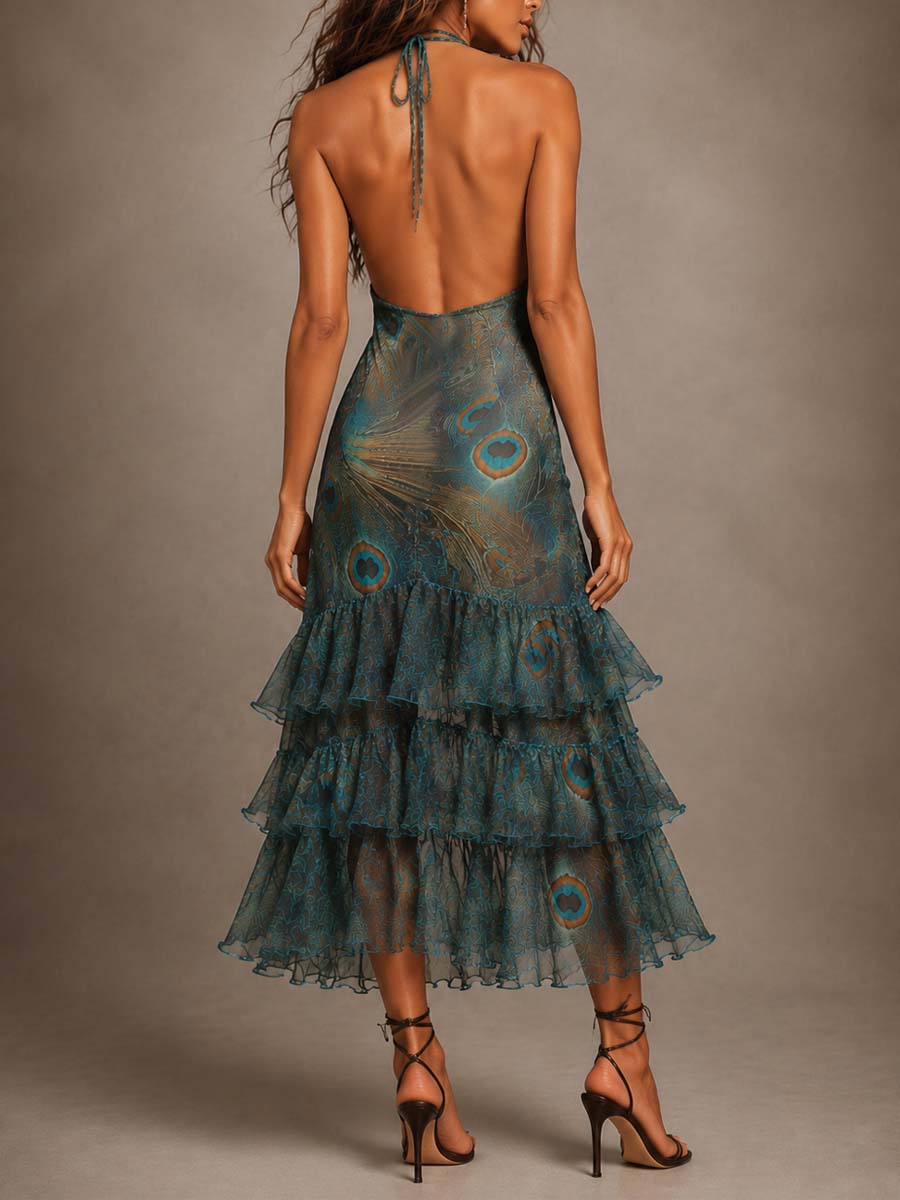 Vintage-Inspired Peacock Print Chiffon Halter Midi Dress with Layered Ruffles