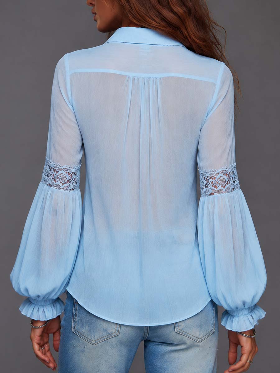 Sheer Boho Blouse with Lace Accents and Puff Sleeves