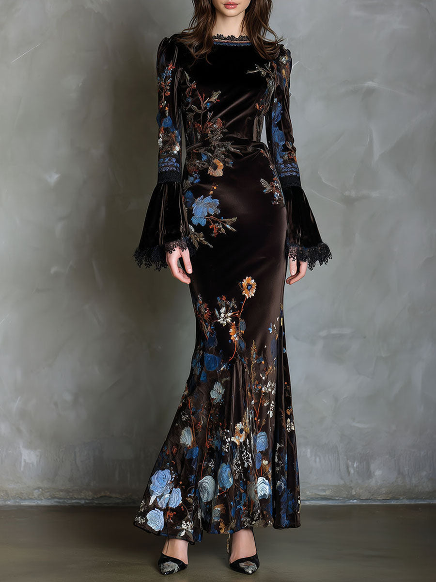 Midnight Velvet Elegance Dress with Floral and Lace Accents