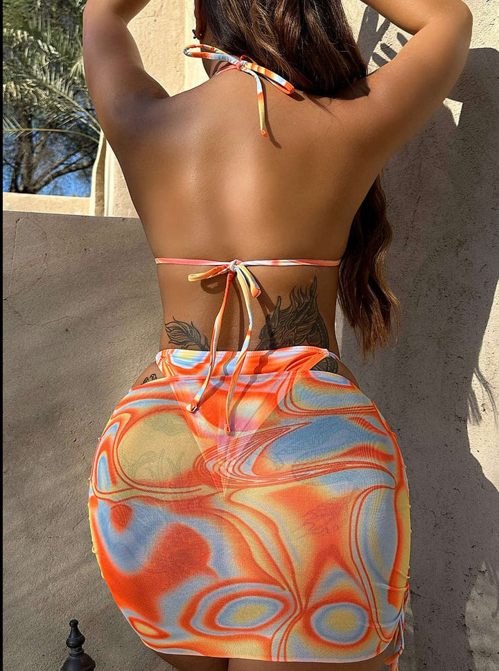 Halter Neck Swimsuit Set with Abstract Design - 3 Pieces