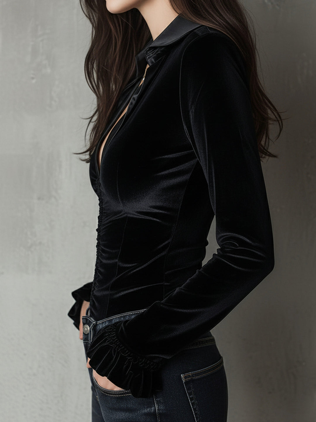 Chic Black Velvet Top with Deep V Neckline and Satin Accents