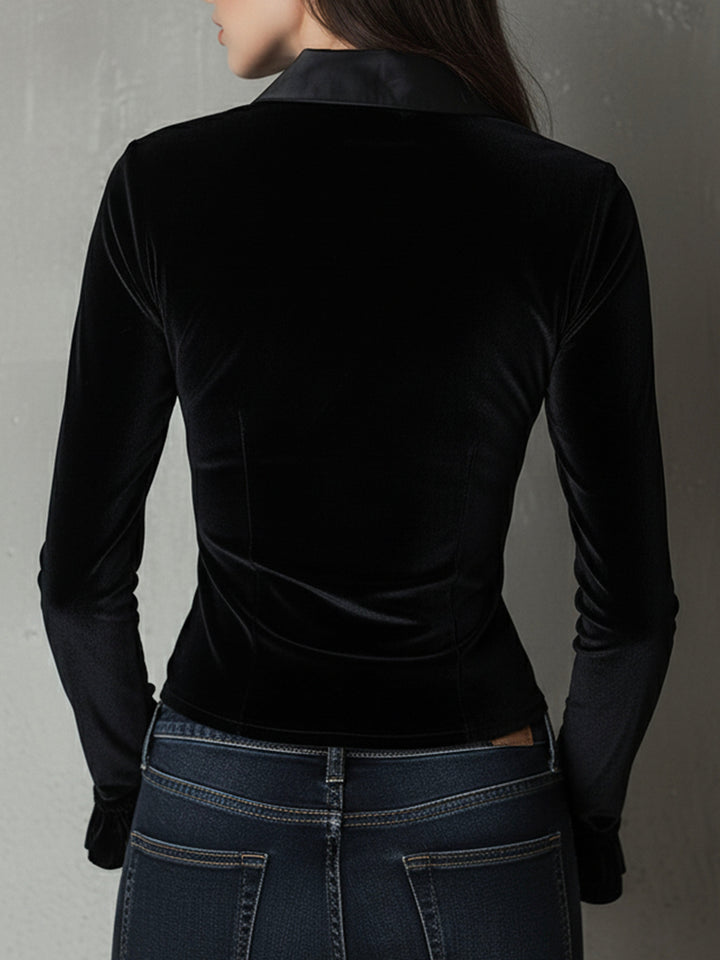 Chic Black Velvet Top with Deep V Neckline and Satin Accents