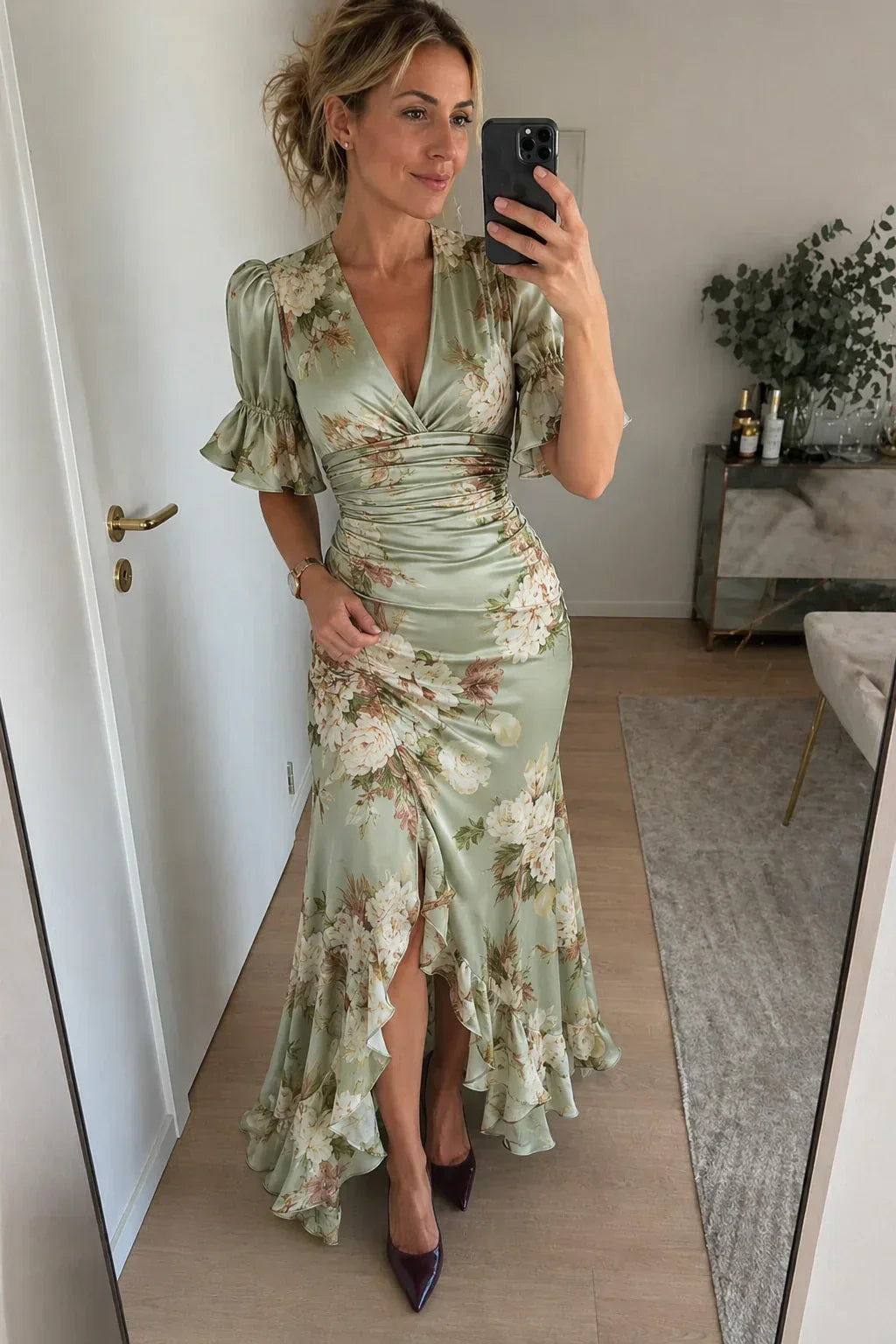 Lucia | Long Asymmetrical Satin Robe with Floral Pattern
