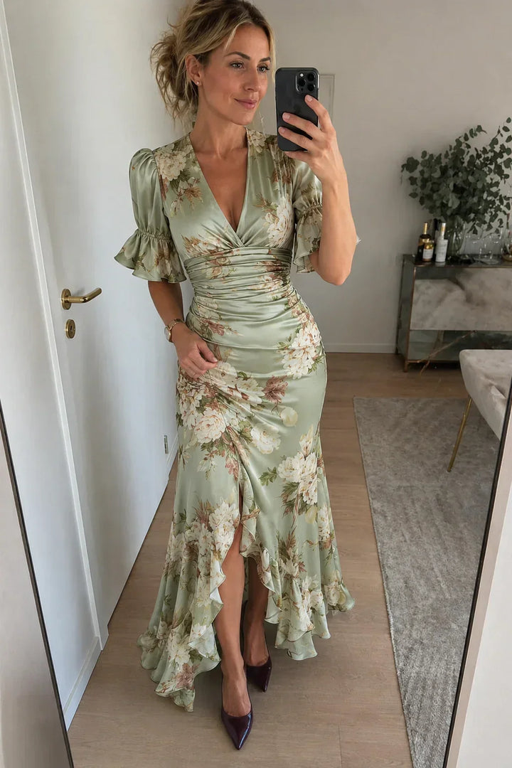 Lucia | Long Asymmetrical Satin Robe with Floral Pattern
