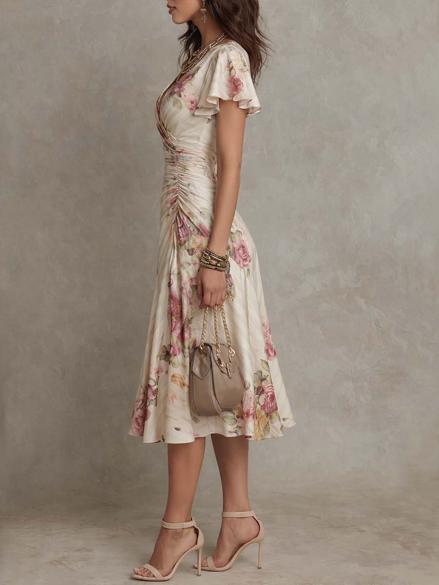 Chic Satin Midi Dress with Vintage Floral Design