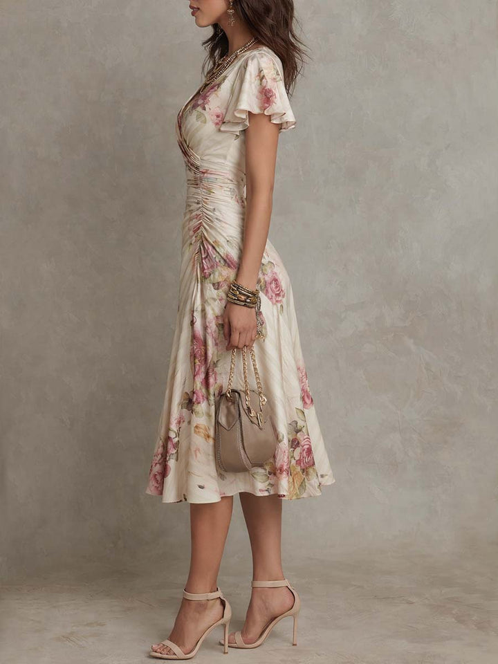 Chic Satin Midi Dress with Vintage Floral Design