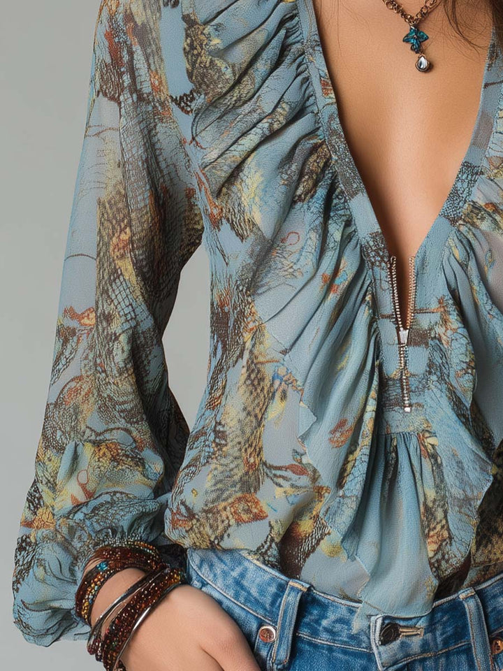 Blue Mist Chiffon Blouse with Zip and Snake Flower Print