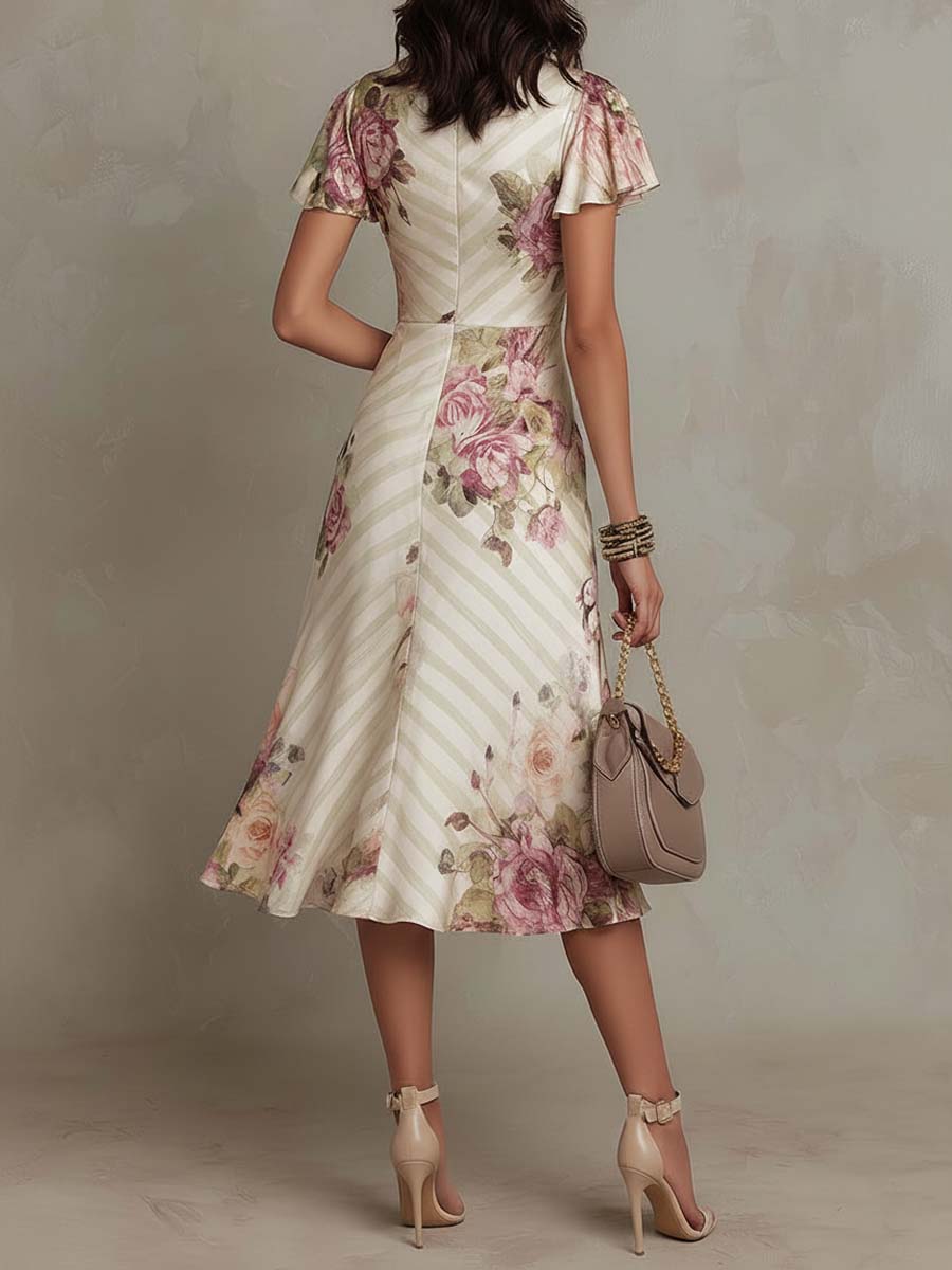 Chic Satin Midi Dress with Vintage Floral Design