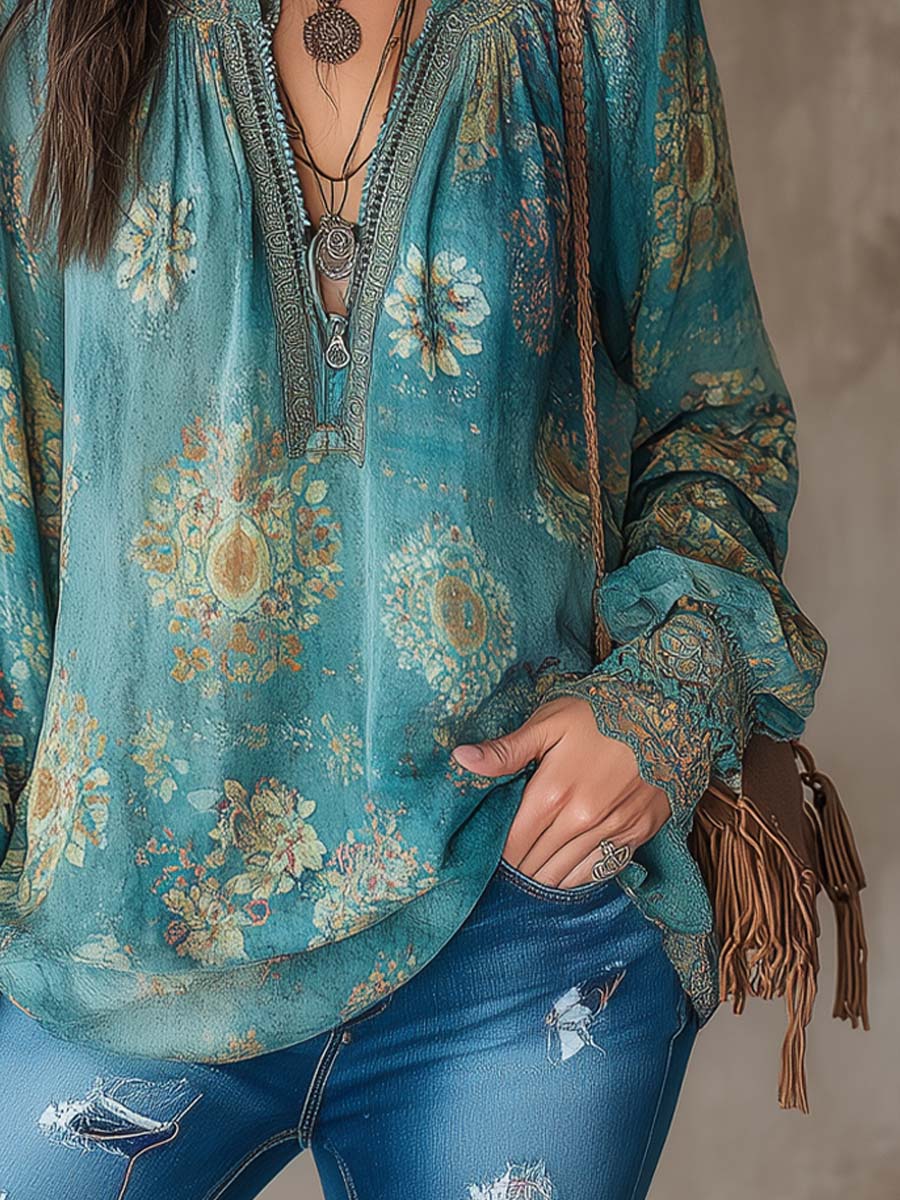 Retro Ethnic Blouse Featuring Floral Lace Accents