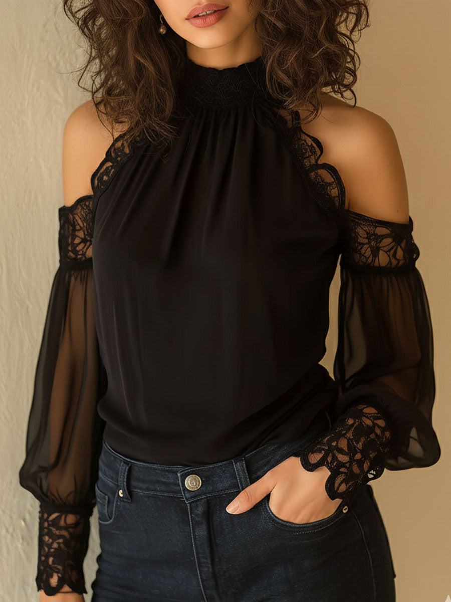 Black Satin Lace-Trimmed High Neck Top with Cold Shoulder Design