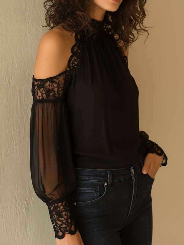 Black Satin Lace-Trimmed High Neck Top with Cold Shoulder Design