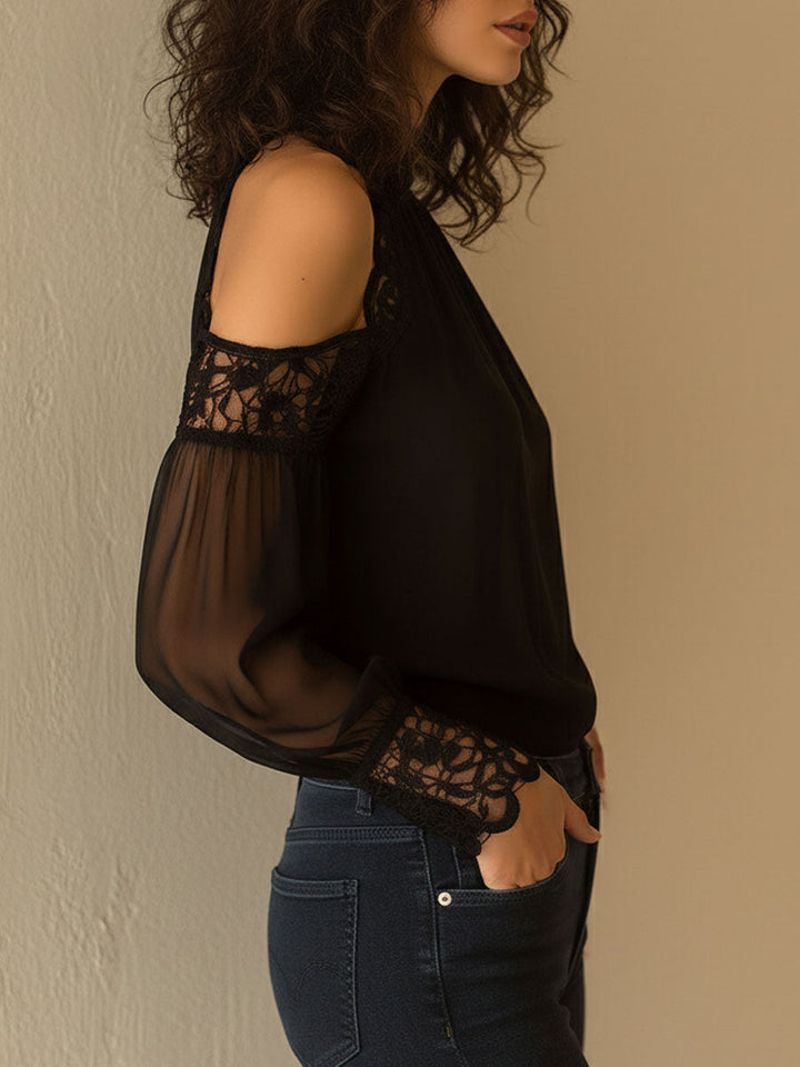 Black Satin Lace-Trimmed High Neck Top with Cold Shoulder Design