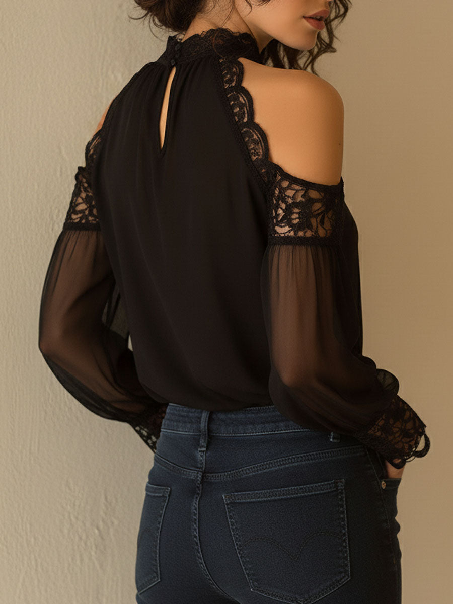 Black Satin Lace-Trimmed High Neck Top with Cold Shoulder Design