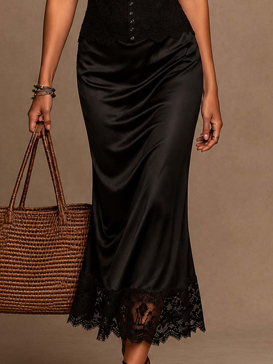 Vintage Lace Midi Dress with Satin Trimmed Hem