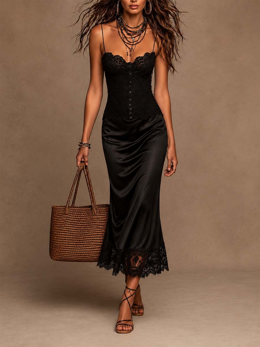 Vintage Lace Midi Dress with Satin Trimmed Hem