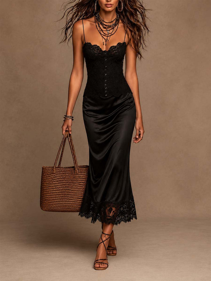 Vintage Lace Midi Dress with Satin Trimmed Hem