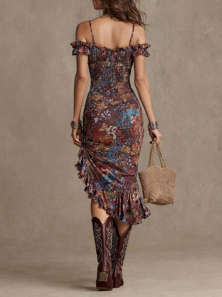 Bohemian-Inspired Midi Dress Featuring Stripes and Floral Patterns