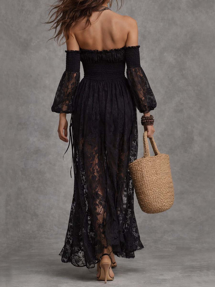 Elegant Black Satin Maxi Dress Featuring Lace Details