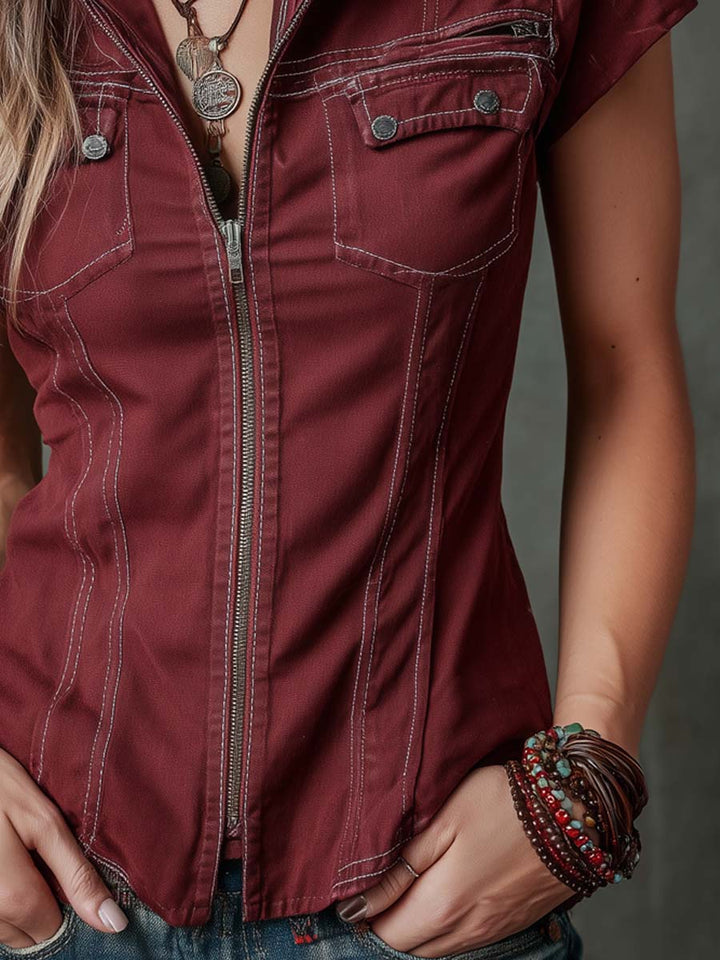 Retro Zip-Front Short-Sleeve Blouse