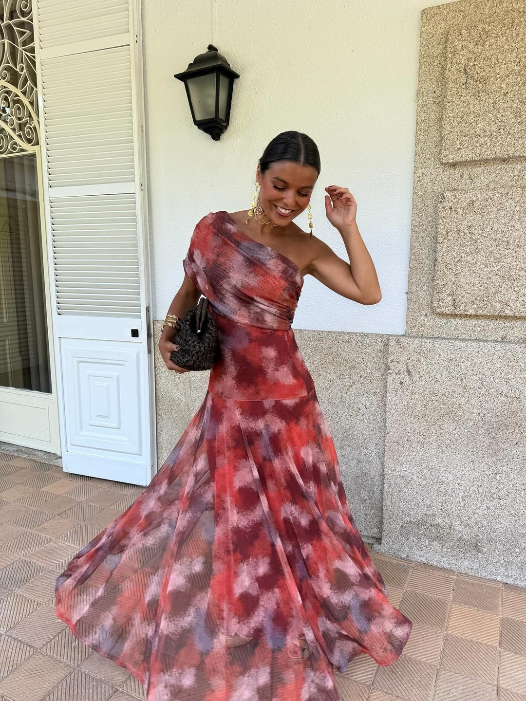 Tavira - Long Dress with Off-Shoulder Straps in Watercolour