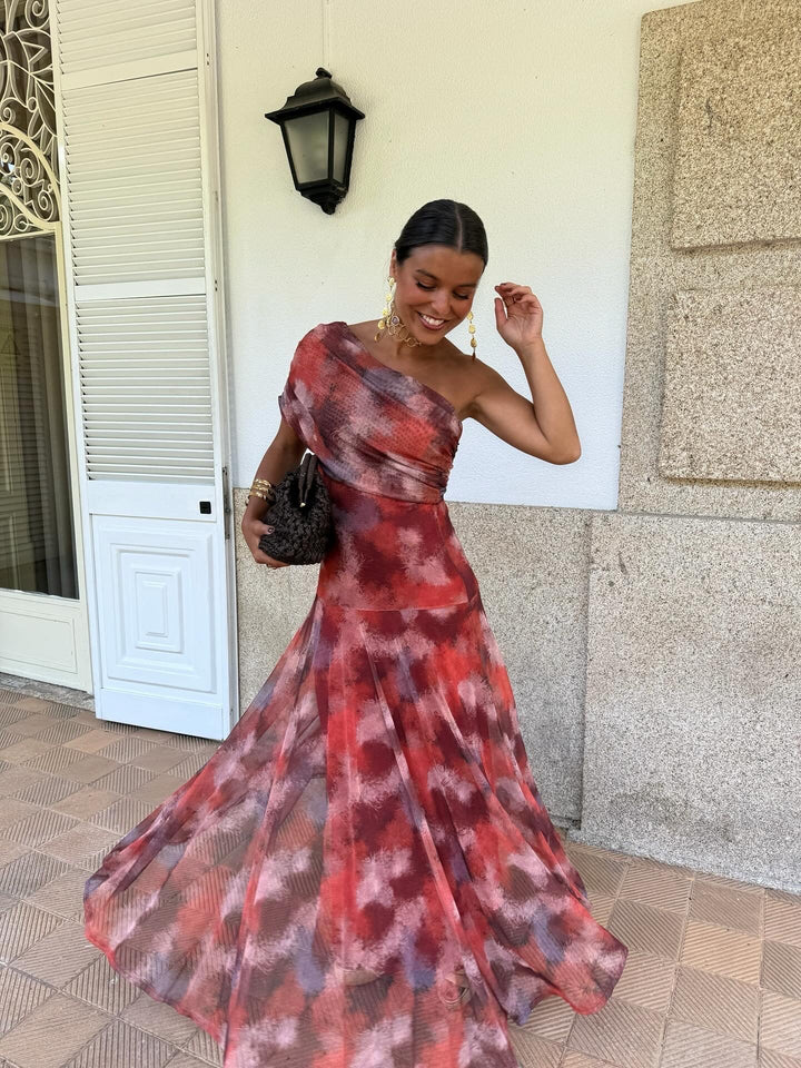 Tavira - Long Dress with Off-Shoulder Straps in Watercolour