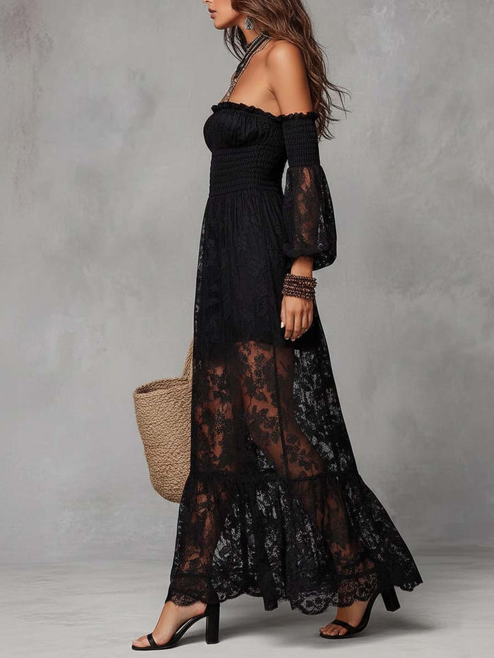 Elegant Black Satin Maxi Dress Featuring Lace Details