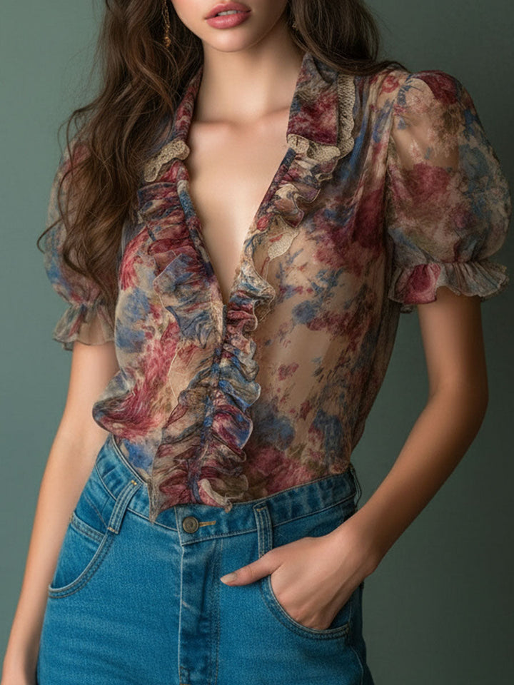 Retro Sheer Floral Blouse Featuring Stripes and Puff Sleeves