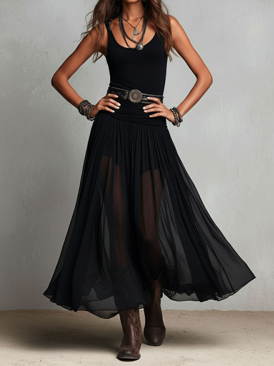 Black Bohemian Western Maxi Dress with Sheer Overlay