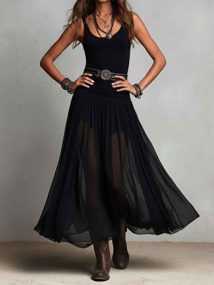 Black Bohemian Western Maxi Dress with Sheer Overlay