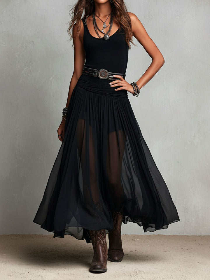 Black Bohemian Western Maxi Dress with Sheer Overlay