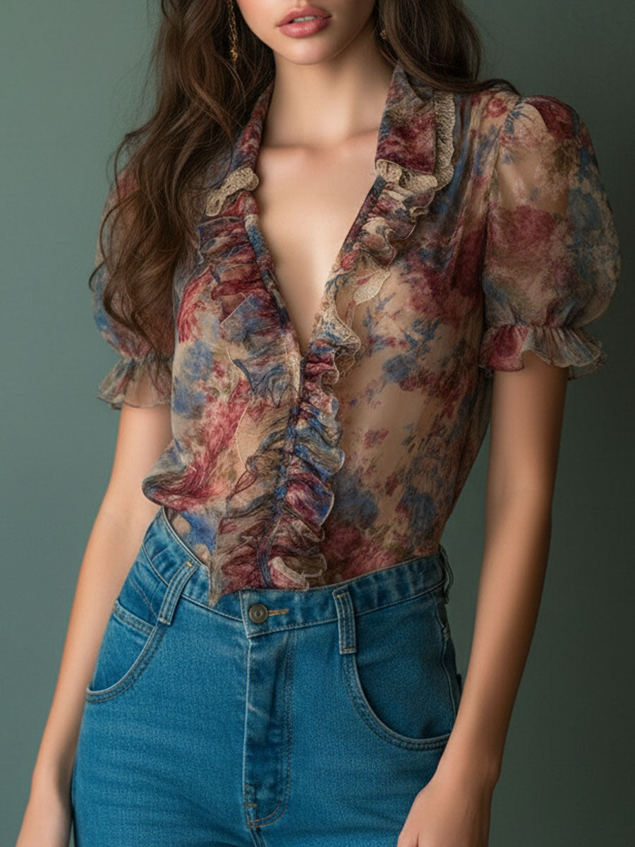 Retro Sheer Floral Blouse Featuring Stripes and Puff Sleeves