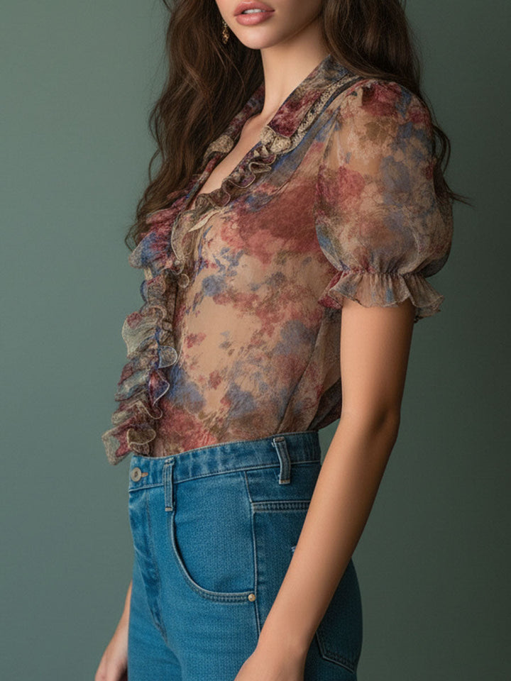 Retro Sheer Floral Blouse Featuring Stripes and Puff Sleeves