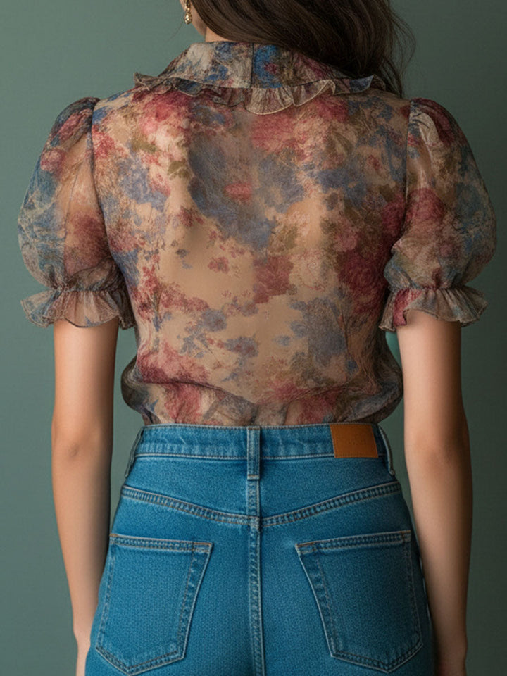 Retro Sheer Floral Blouse Featuring Stripes and Puff Sleeves