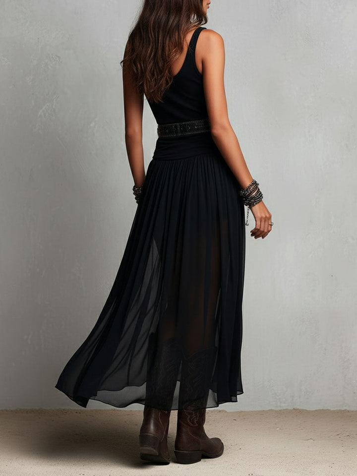 Black Bohemian Western Maxi Dress with Sheer Overlay