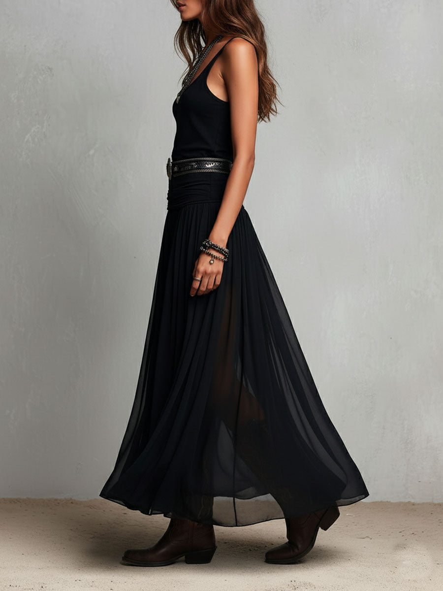 Black Bohemian Western Maxi Dress with Sheer Overlay