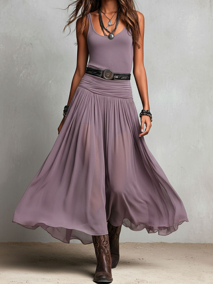 Black Bohemian Western Maxi Dress with Sheer Overlay
