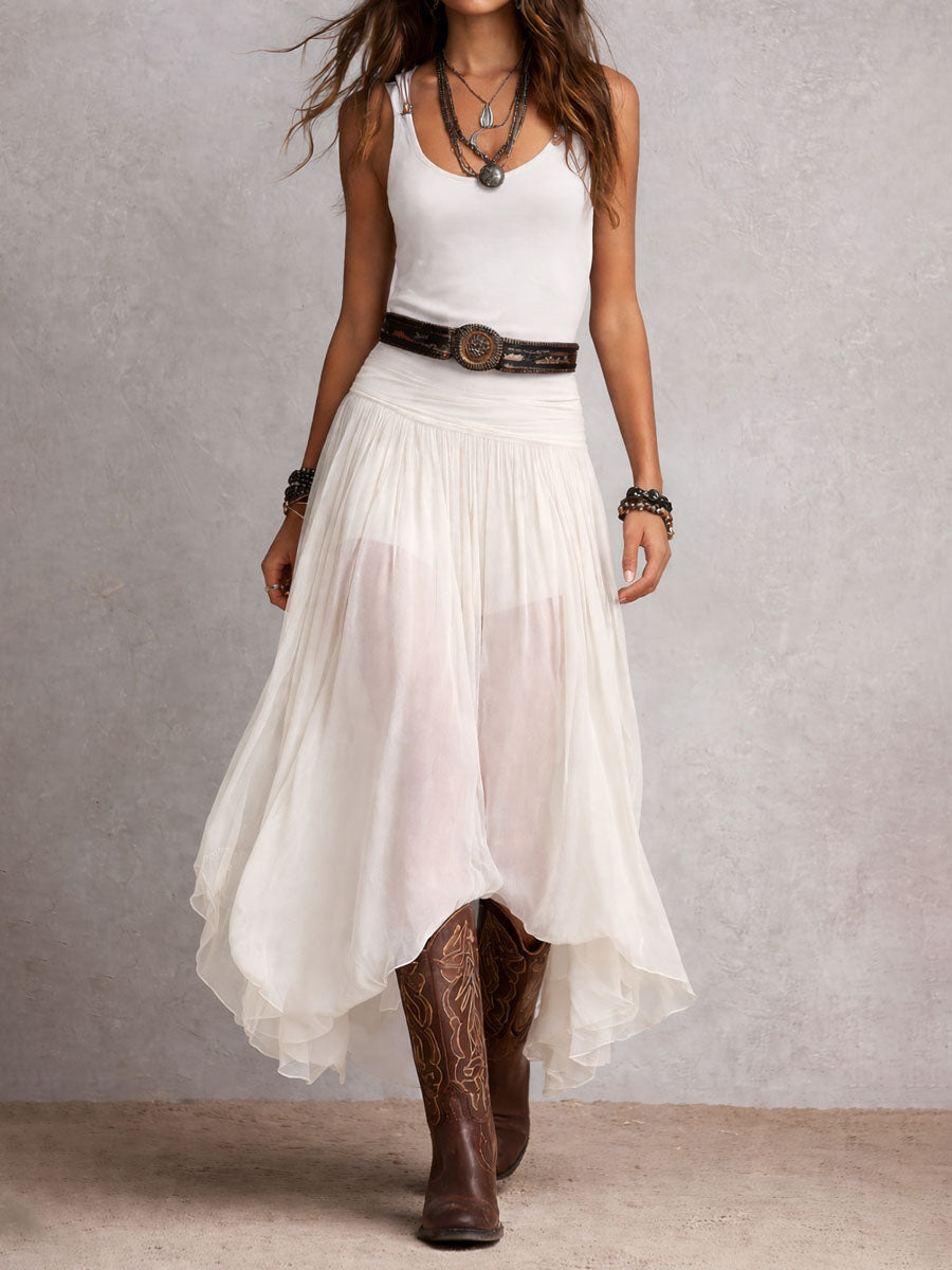 Black Bohemian Western Maxi Dress with Sheer Overlay