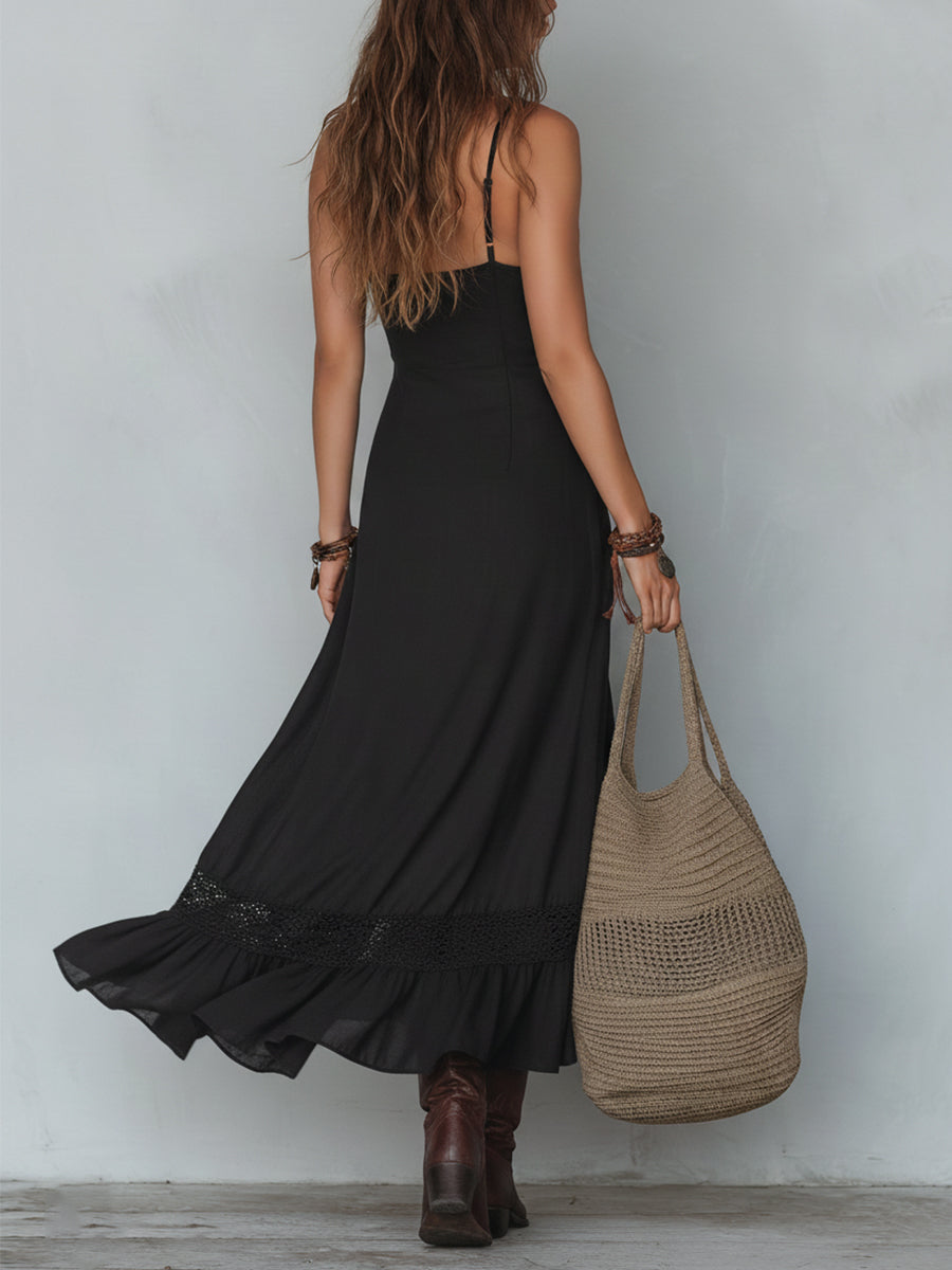 Vintage-Inspired Maxi Dress with Lace Accents and Asymmetrical Jacket