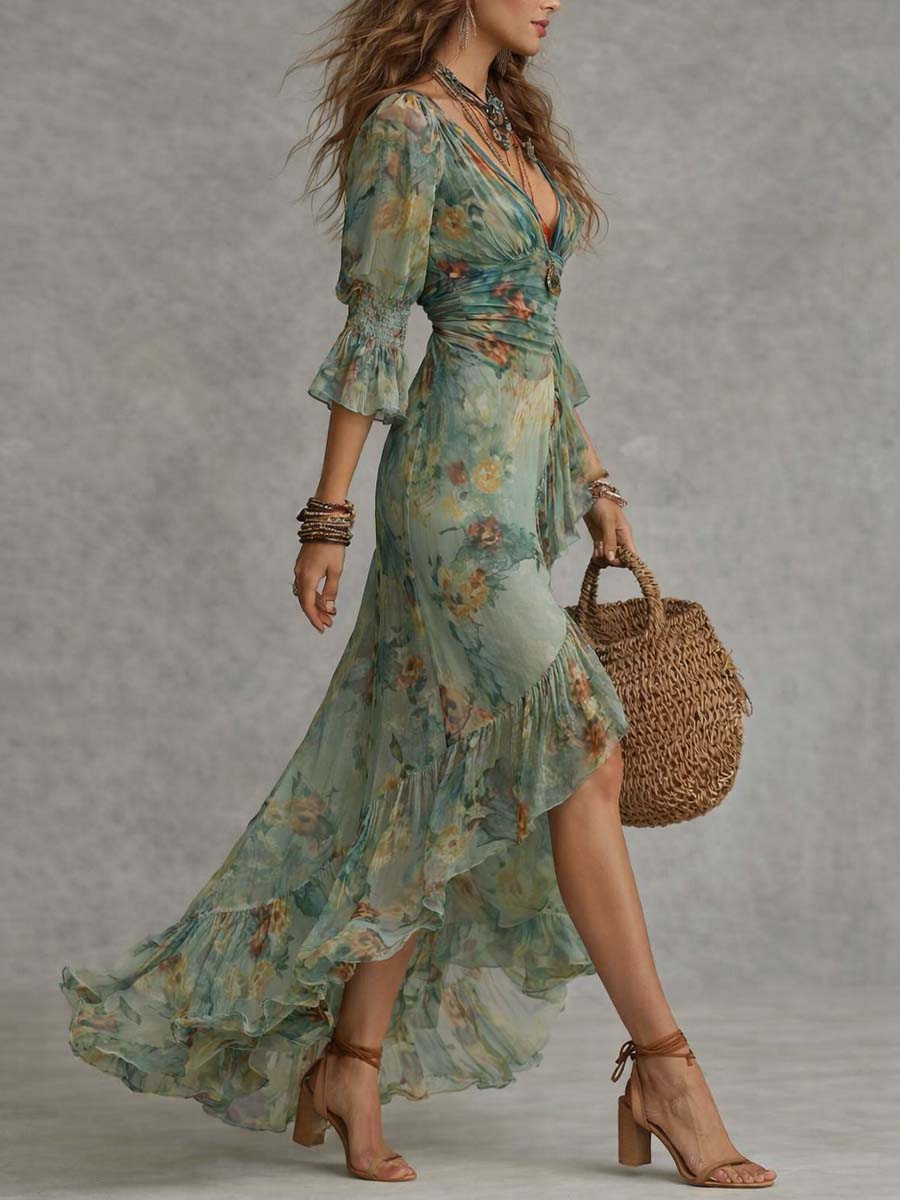 Vintage-Inspired Floral Long Wrap Dress