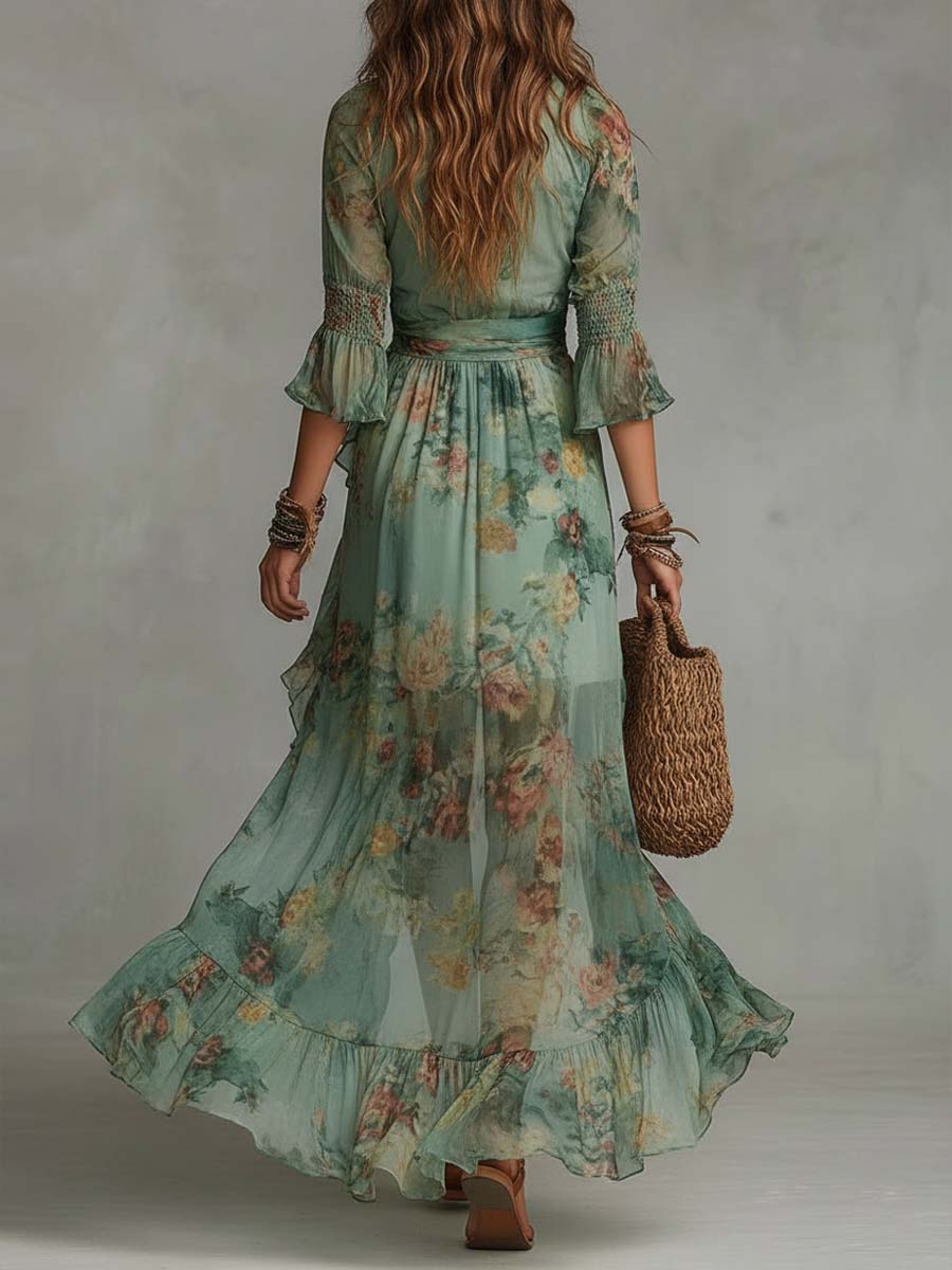 Vintage-Inspired Floral Long Wrap Dress