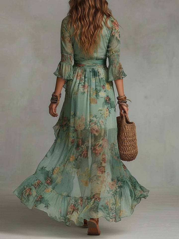 Vintage-Inspired Floral Long Wrap Dress