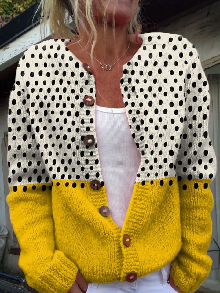 Yellow button-up sweater with pattern