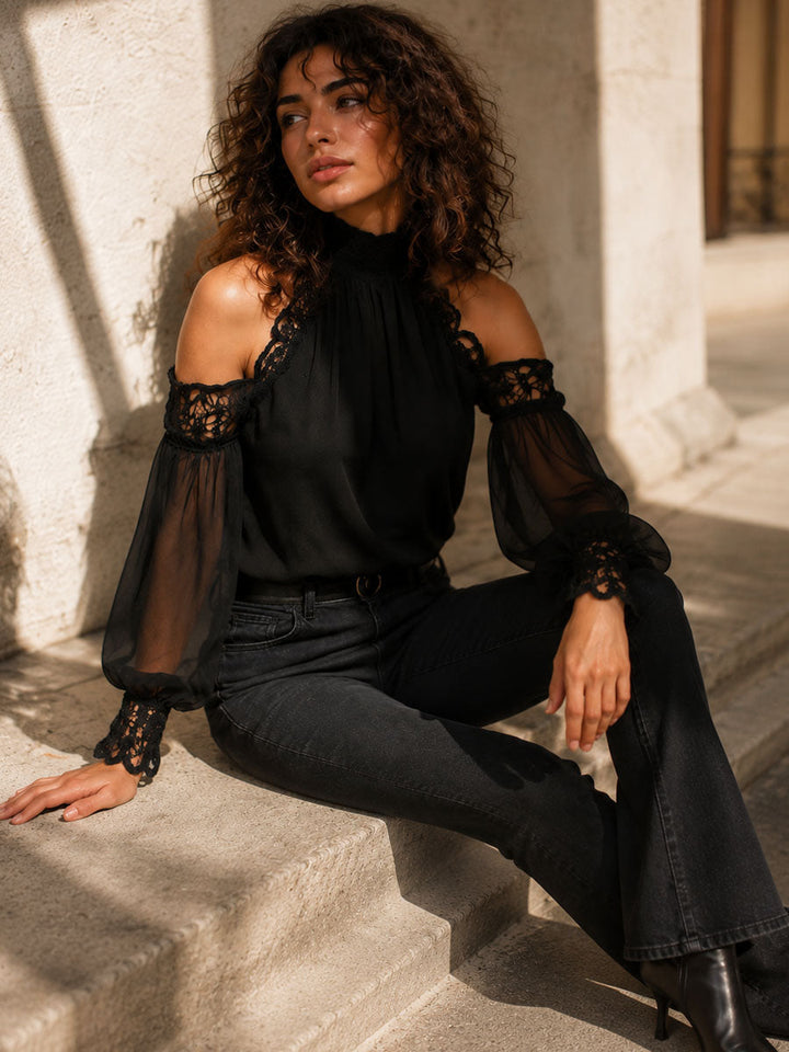 Black Satin Lace-Trimmed High Neck Top with Cold Shoulder Design