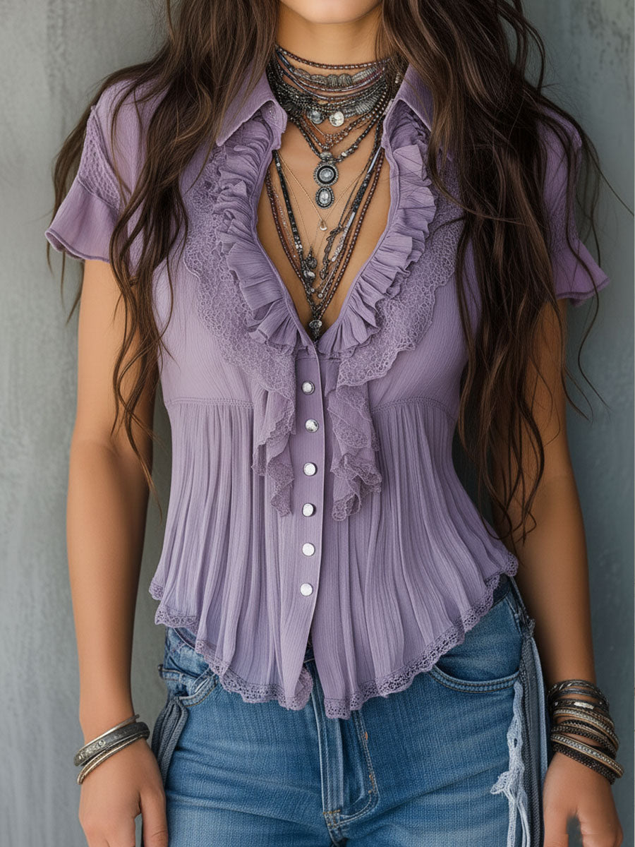 Retro Bohemian Lavender Pleated Blouse with Lace Detailing